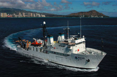 The NOAA ship Hi'ialakai will be supporting a multidisciplinary research expedition which includes a benthic habitat mapping team, maritime archaeologists and interpretation of this research through education and outreach specialists. Photo: NOAA