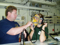 The maritime heritage team dons agamasks in the dry lab to get practice in using their new underwater communication system.  Photo: Claire Johnson/NOAA