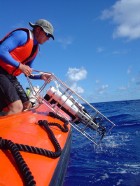 Person lowering device off side of boat